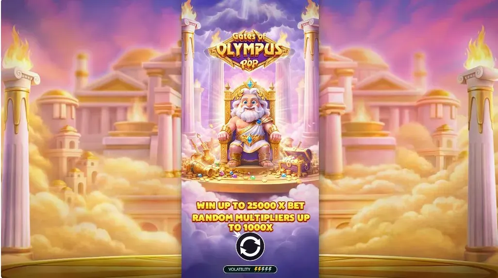 Gates of Olympus POP Spielkarte mit Zeus und dem Spiellogo